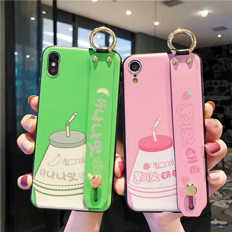

Korean milk strawberry yogurt phone case for iPhoneX XR XS MAX couple Wrist Strap mobile phone case for iPhone 7 6 8 Plus case