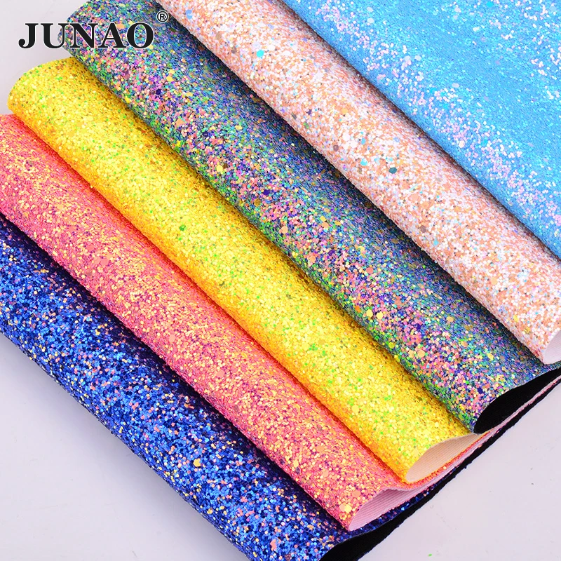 

JUNAO 20*34cm Chunky Glitter Faux Artificial Leather Sequin Fabric PU Leather Synthetic Fabric Sheets Leatherette for DIY Crafts