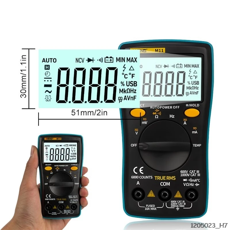 

6000 Counts M11 Portable Automatic Range Multi-Meter Battery-Operated Capacitor True-Ams Digital Voltmeter With Auto-Ranging LCD