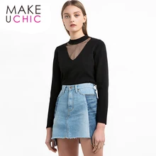 MAKEUCHIC Apparel 2017 Summer Women Sweater Solid Black Sexy Sheer Mesh Patchwork Female Tops Streetwear Brief Pullover Tops