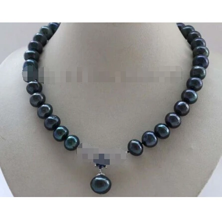 

shipping 17" Natural 12-15mm Black Round Pearl Necklace Pendant 925silver clasp #f2382!