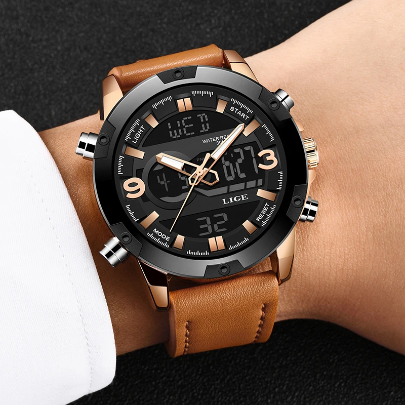  LIGE New Mens Watches Top Luxury Brand Men Leather Sports Watches Men's LED Digital Quartz Clock Wa