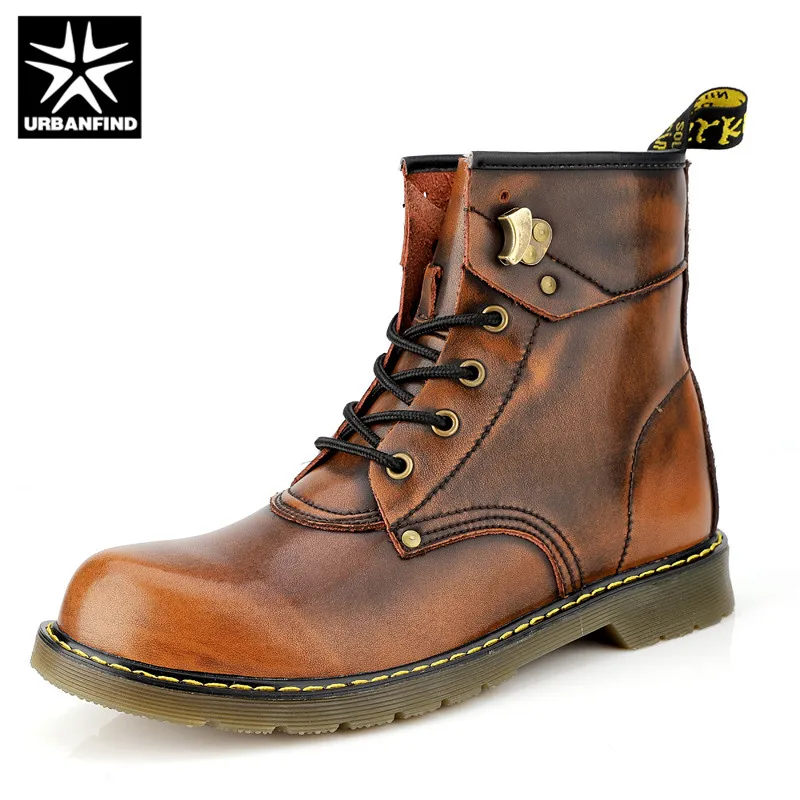 

URBANFIND Cowhide Split Autumn Winter Warm Fur Vintage Motorcycle Boots Male Martin Shoes Men Snow Ankle High Top Men's boots