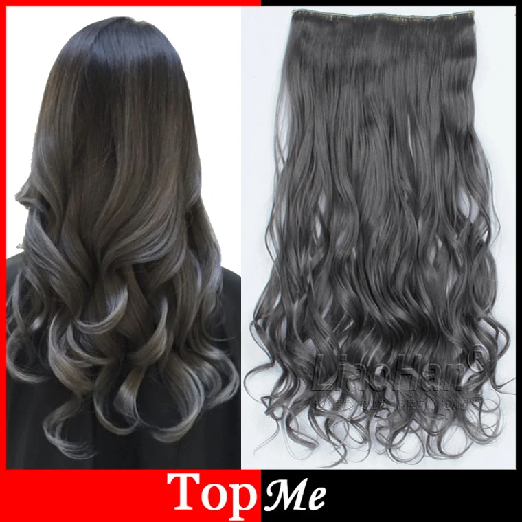 Gray Women Hair Extensions Dark Grey High Tempreture Natural Wavy Curly