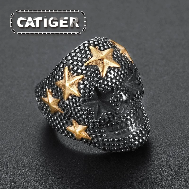 Punk Size 7 to Size 15 Mens Boys 316L Stainless Steel Cool Golden Plated Star Terminator Punk Gothic Biker Skull Ring