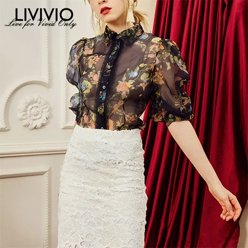 

[LIVIVIO] Vintage Sheer Print Patchwork Lace Women Shirts Blouse Half Sleeve Lapel Collar Female Top Casual Summer 2019