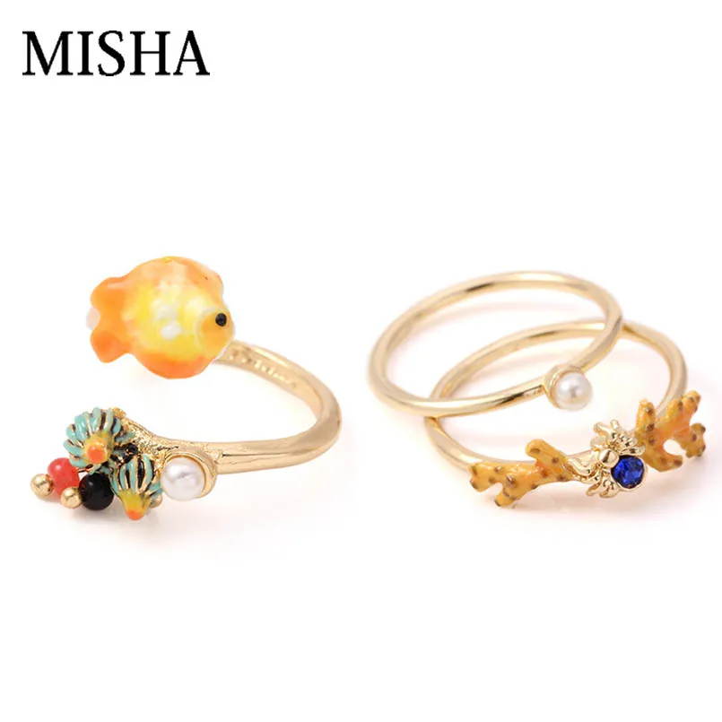 

MISHA Original Adjustable Open ring Design Fish/coral Shape Combination Ring simulation pearl Fine Bridal Jewelry For Gift L687