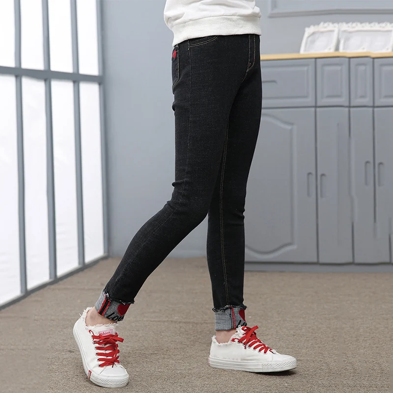 Детские джинсы для девочек Эластичные Обтягивающие джинсы для подростков узкие брюки детские штаны От 3 до 12 лет Девушки низ - Цвет: Black