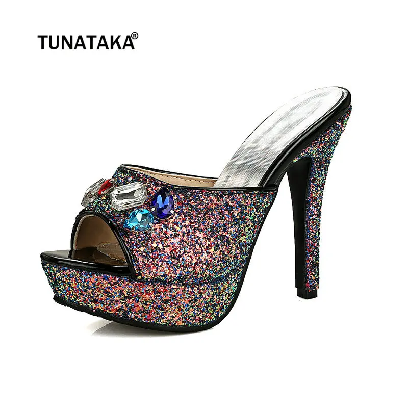 

Women's Platform High Heel Sandals Fashion Shiny Crystal Party Shoes Black White Pink