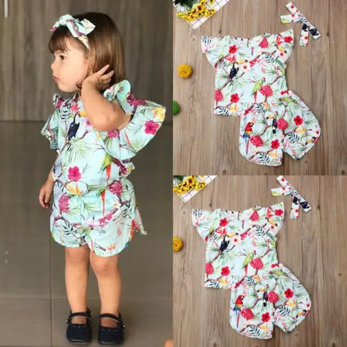 

New 3pcs Set Newborn Toddler Baby Girl Clothes Cartoon Bird Floral T-shirt Tops+Pants+Headband Summer Fashion Outfits Set