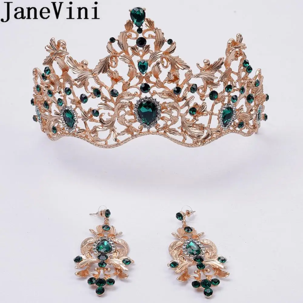 

JaneVini Baroque Bridal Tiaras and Earrings Women Hair Crown Wedding Green Red Crystal Gold Metal Headband Party Headpieces 2019