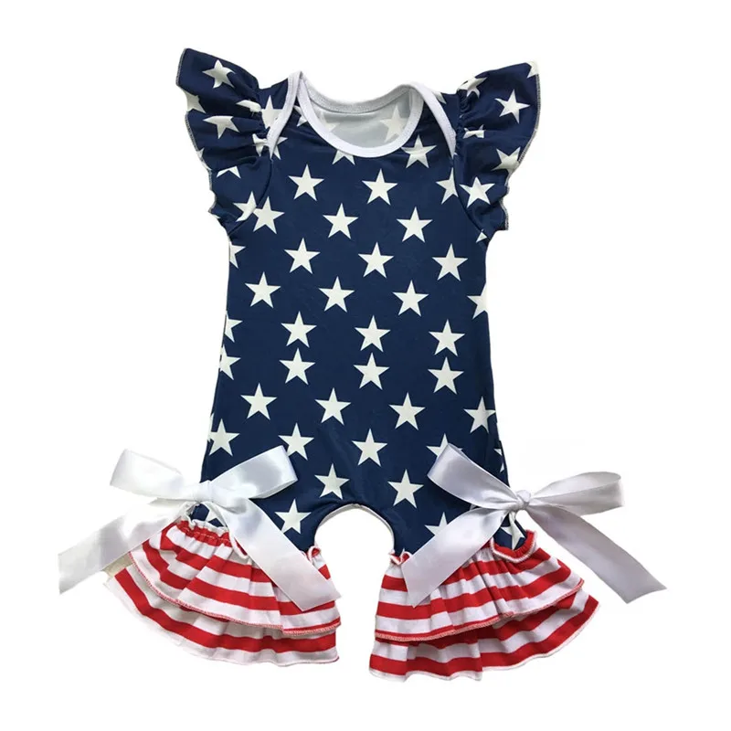 

Spring summer Patriotic Baby Rompers Custom Print Infant Clothes Football Red Blue Baseball Season Flutter Sleeve Baby Romper