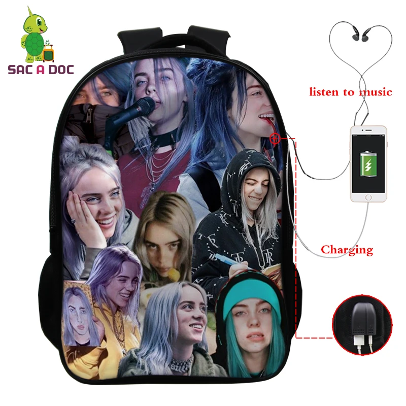 Billie Eilish рюкзак, школьные сумки, 16 дюймов, Детские рюкзаки, детский рюкзак для девочек, рюкзак для путешествий, рюкзак с USB зарядкой