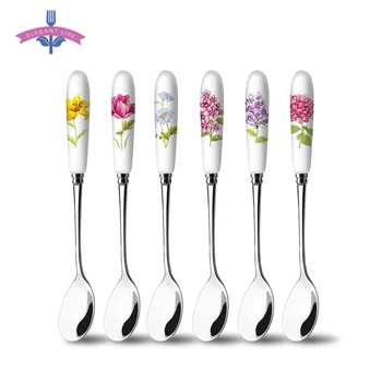 

6PCS Coffee Spoon Dessert Spoon Sugar Tea Ice Cream Ceramic Handle Stainless Steel Mirror Polish Small Tableware Scoop