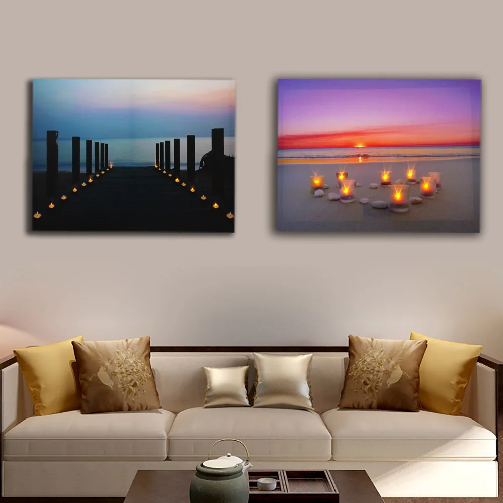 Pier Tealights Beach Candles Dock Seascape Wall Picture Led Canvas Art