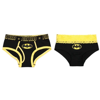 

Black Yellow Mixed Color Batman Printed Lovers Underwear Couple Underpants Sexy Lace Female's Panties U Convex Men Shorts Boxers
