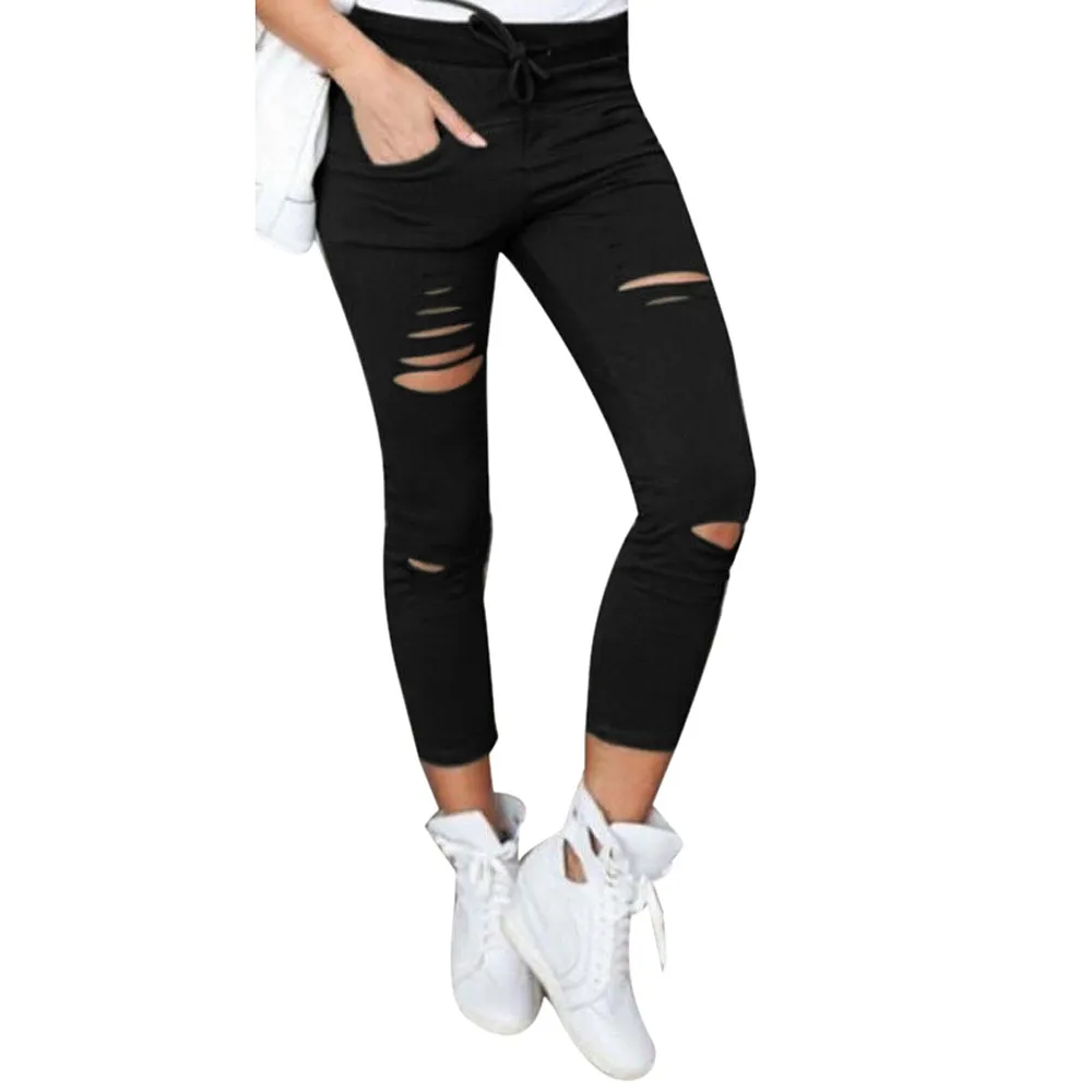 

2017 Cotton High Elastic Imitate Jeans Woman Solid Skinny Pencil Pants Slim Ripped Jeans For Women Black White Ripped Pants XXL