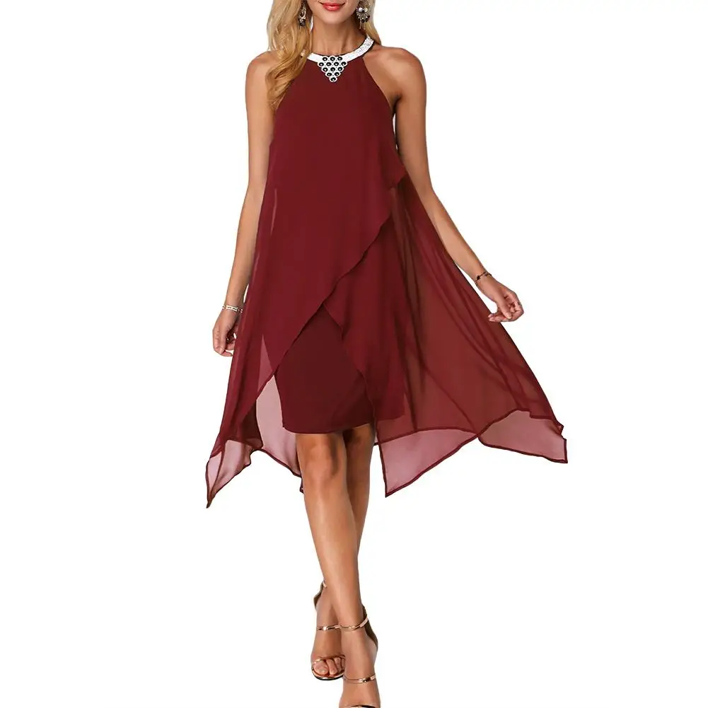 

Summer Women Round Neck Metal Necklace Sleeveless Dress Irregular Double Layer Chiffon Midi Beach Party Loose Dresses