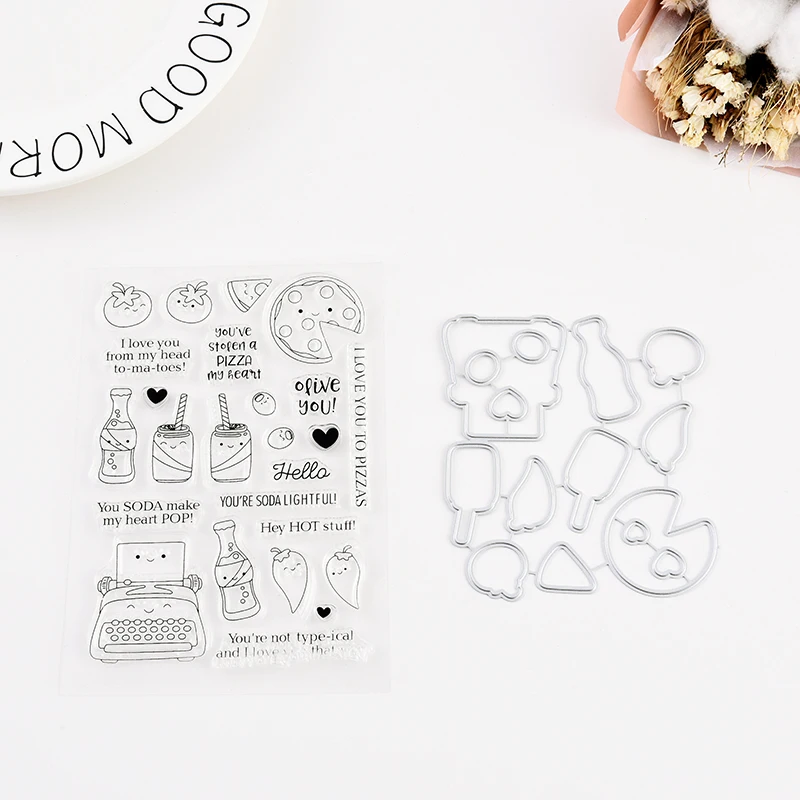 

SP Soda and pizza Metal Cutting Dies and Clear Rubber Stamp Set Stamp with Dies for Card Making Scrapbooking Decoration
