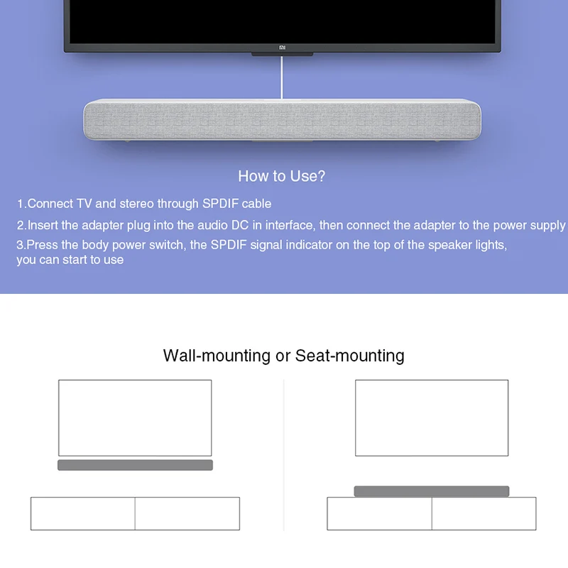 Hot Xiaomi Bluetooth TV Sound Bar Clear Speaker Support SPDIF AUX In Wall/ Seat Installation Wireless TV Bar For Home Theater