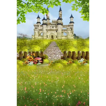 

Fairy Tale World Photography Background Palace Green Lawn And Leaves Colourful Flowers Wooden Fence Backdrop For Photo Booth