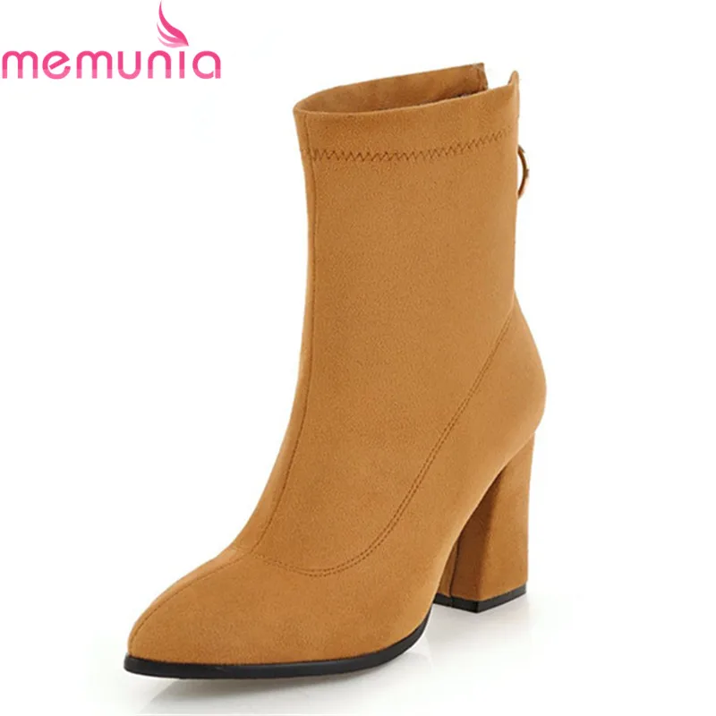 

MEMUNIA NEW arrival 2018 fashion boots solid zip pointed toe ankle boots for women thick high heels boots elegant dress shoes