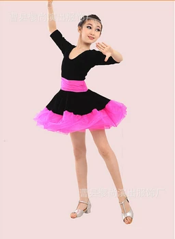 

Free shipping half-sleeve rumba latin dance dress tango samba 110-170cm pink green professional girl child dress black costume