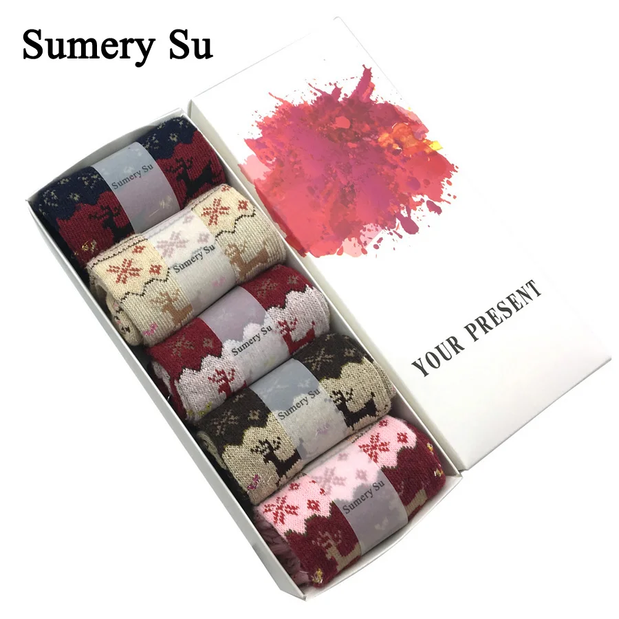 5 пар/партия, зимние теплые шерстяные носки для женщин, рождественский подарок, фирменный модный дизайн, милые кашемировые носки для женщин, милый подарок, Новинка