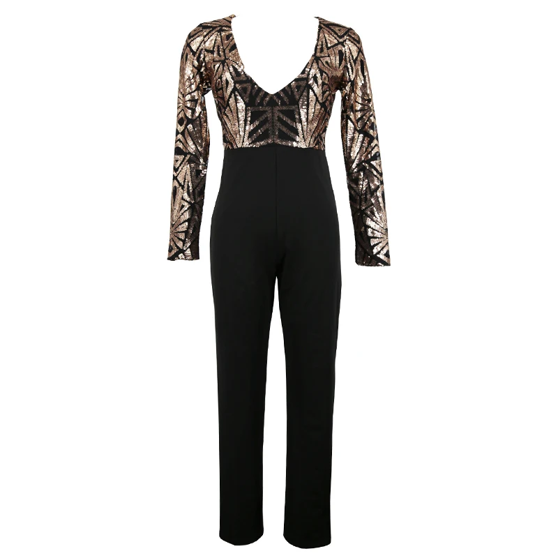 2018 Autumn Winter Sexy Women Body Long Sleeves Gold Sequins Jumpsuit Elegant Catsuit Embroidery Romper V Neck Bodysuit Overalls