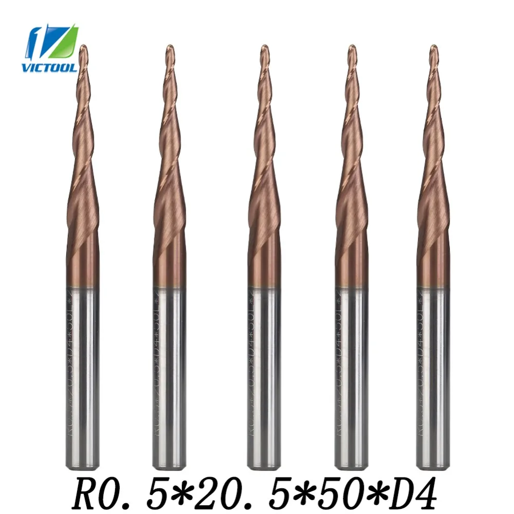 

5pcs/lot R0.5*D4*20.5*50L*2F Tungsten Carbide Ball Nose Cone Type H-SI Coated Tapered End Mills cnc Milling Cutter Bits Tools