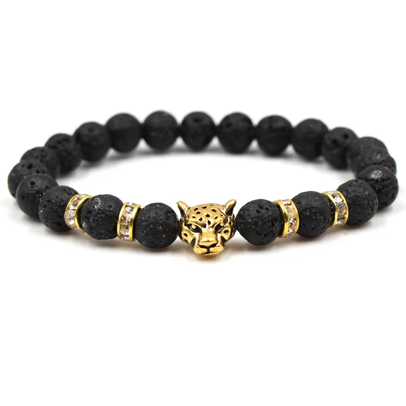 2018 Classic Leopard Head Bracelets Natural Black Lava Rock Reiki Prayer Stone Beads Charm Bracelet For Women Men Couple Jewelry | Украшения