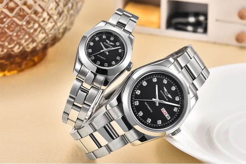 GUANQIN Gold Couple Watch Men Women Mechanical Watch Luminous Calendar Week Waterproof Rhinestones Automatic Lovers Watches (15)