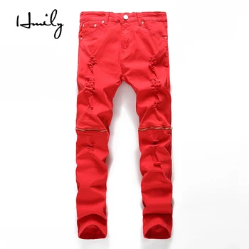 

HMILY Mens Cool Designer Jeans Skinny Ripped Destroyed Men Jeans Stretch Slim Fit Hop Hop Pants With Holes For Men Knee Zipper