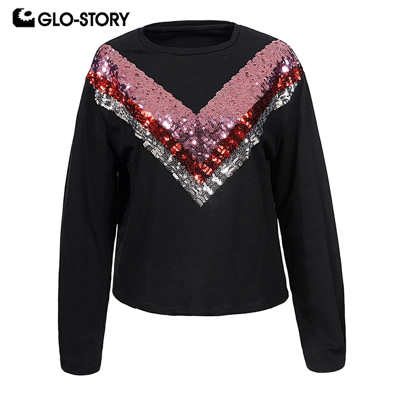 

GLO-STORY 2018 Fashion Women Sequin Pullover Sweatshirts Long Sleeve O-Neck Autumn Female Tops WPU-7487