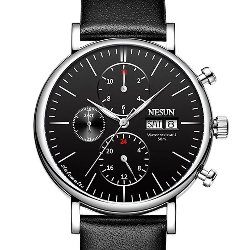

Luxury Brand Switzerland NESUN Watch Men Multi-function Automatic Mechanical Men's Watches 50M Waterproof Leather clock N9028-1