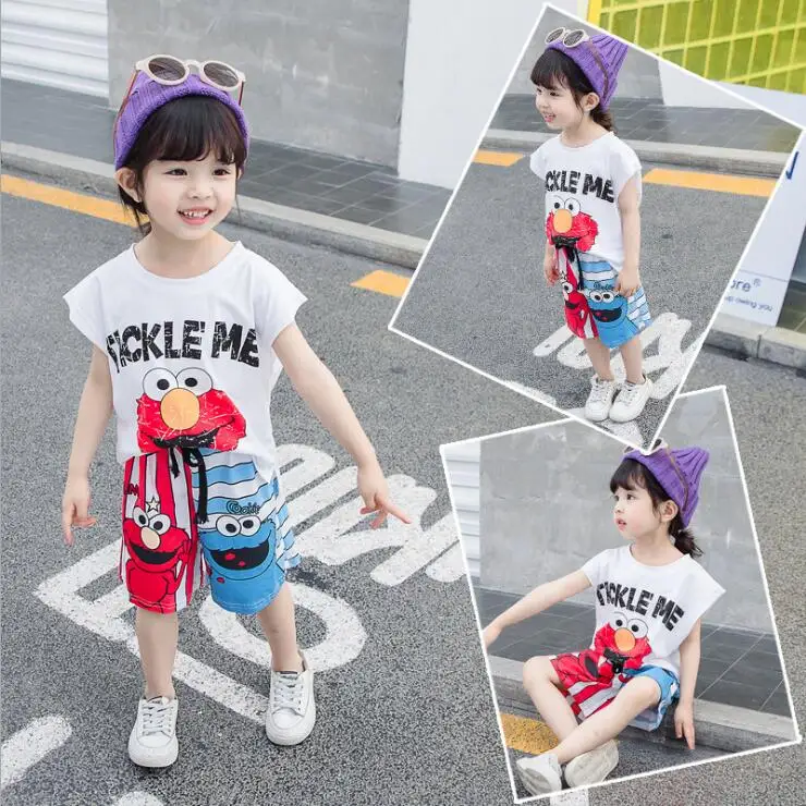 

Children's and Girls Summer Suit 2019 New Foreign Style Two-piece Kids'Cartoon Patterns Korean Edition Leisure Children's Wear