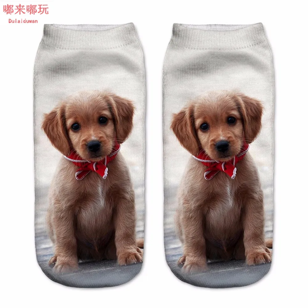 New Arrival 1Pair 3D Brown Color Dogs Printed Socks Unisex Cute Low Cut Ankle Socks Cotton Material White Color