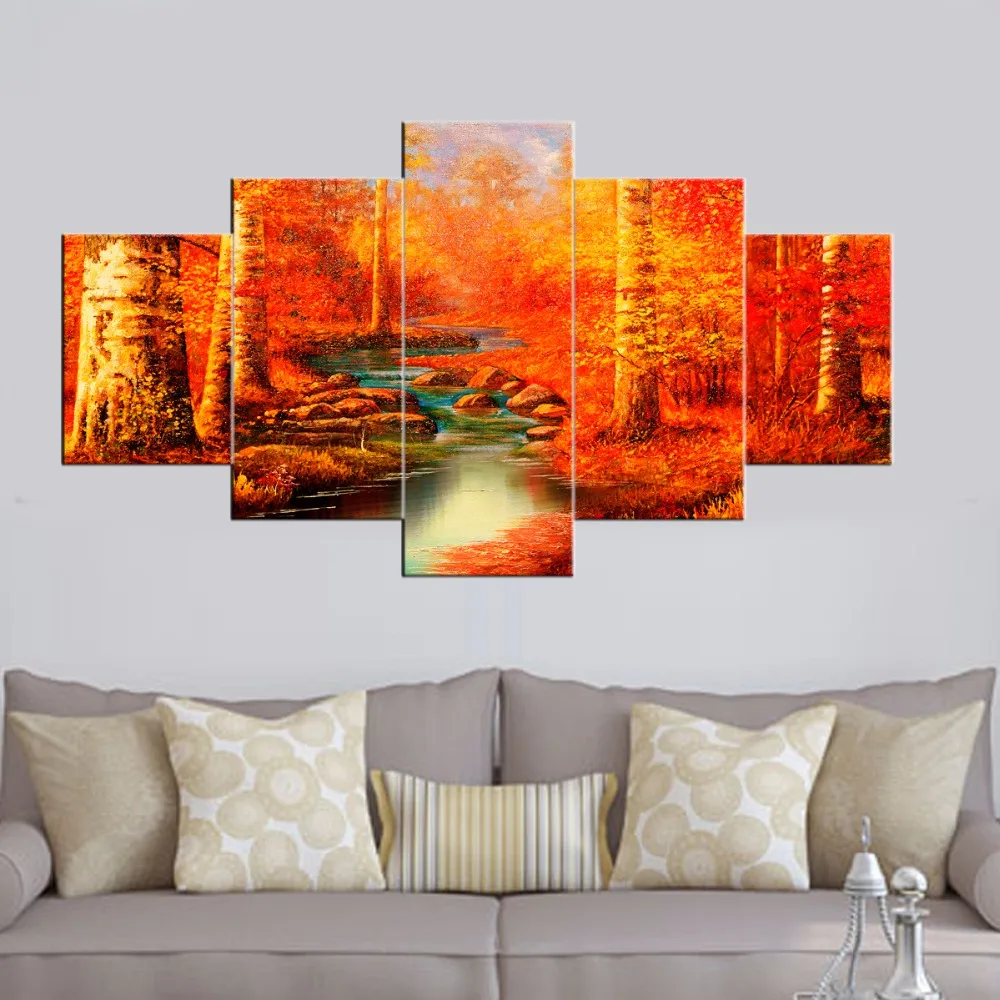 HD Printed 5 piece canvas art fall autumn red season painting wall