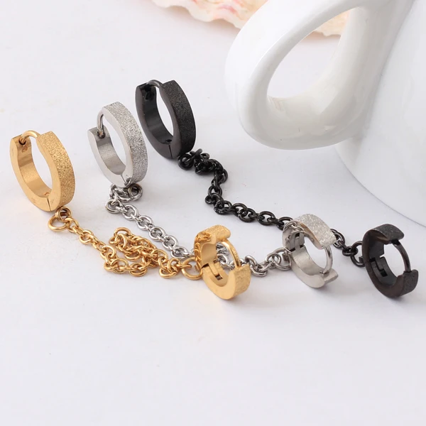 pieces sliver black Titanium Steel Men ear chain Double pierced