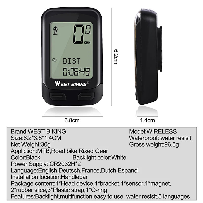 WEST BIKING Bike Computer Bicycle Wireless Stopwatch 5 Languages Waterproof Bike Computer Odometer Speedometer Cycling Computer