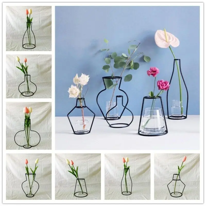

New Style Home Party Decoration Retro Iron Line Flowers Vase Metal Plant Holder Modern Solid Home Decor Nordic Styles Iron Vase
