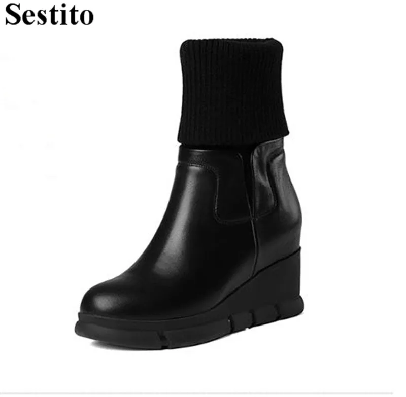 

Concise Black White Plus velvet Round Toe Woman Boots Wedges Platform Flat Ankle Boots For Women Short Boots Casual Women Shoes