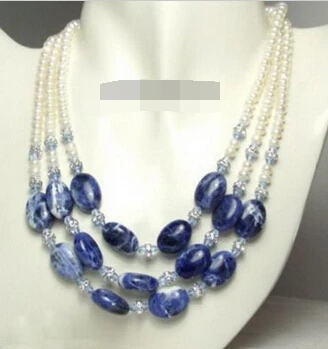 

zj 00030 3 Rows Genuine White Pearl Lapis Lazuli 18KWGP Clasp Necklace