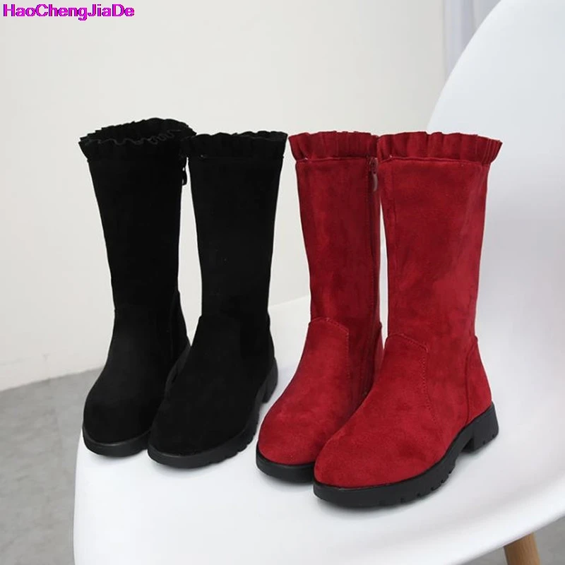 

HaoChengJiaDe Platform Snow Boots Children Leather Boots Girls Black Zipper Winter Warm Flat Boots Kids Anti Slip Rubber Outsole