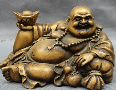 

0 9" Chinese Bronze Folk Buddhism YuanBao Gourd Happy Laugh Maitreya Buddha Statue