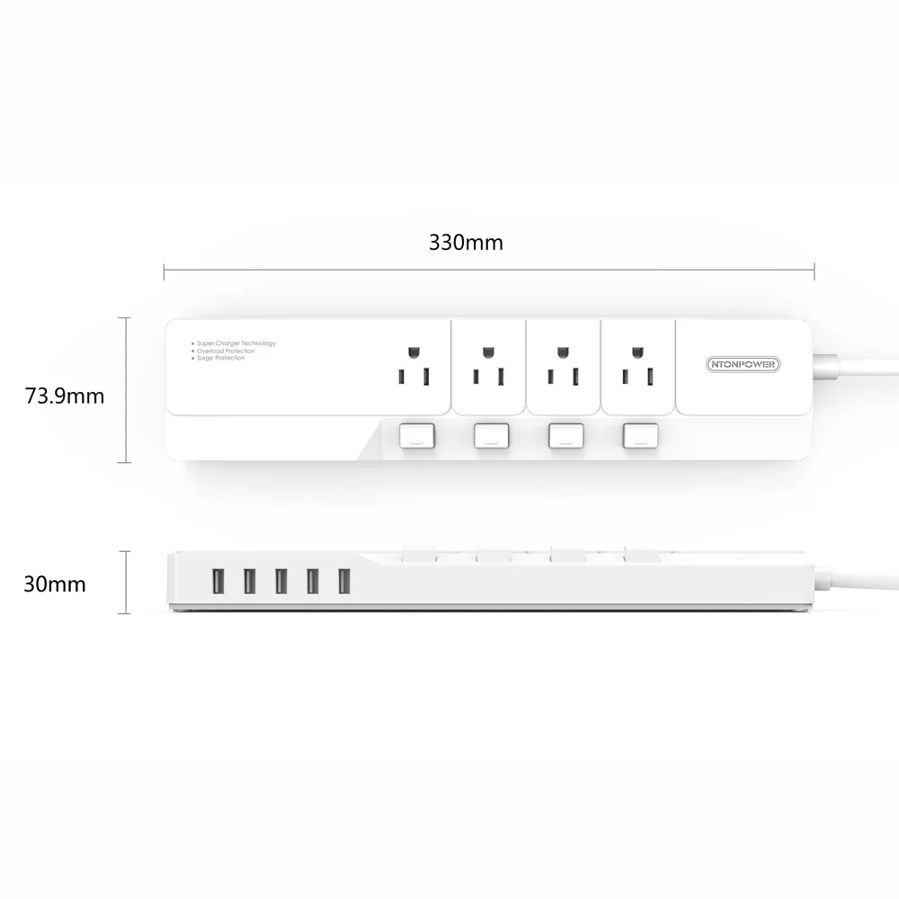 NTON power NSJ US Plug power Strip с USB зарядным устройством, защита от перенапряжения, 4 розетки переменного тока, индивидуальный выключатель, управляемый 5 usb-зарядными портами