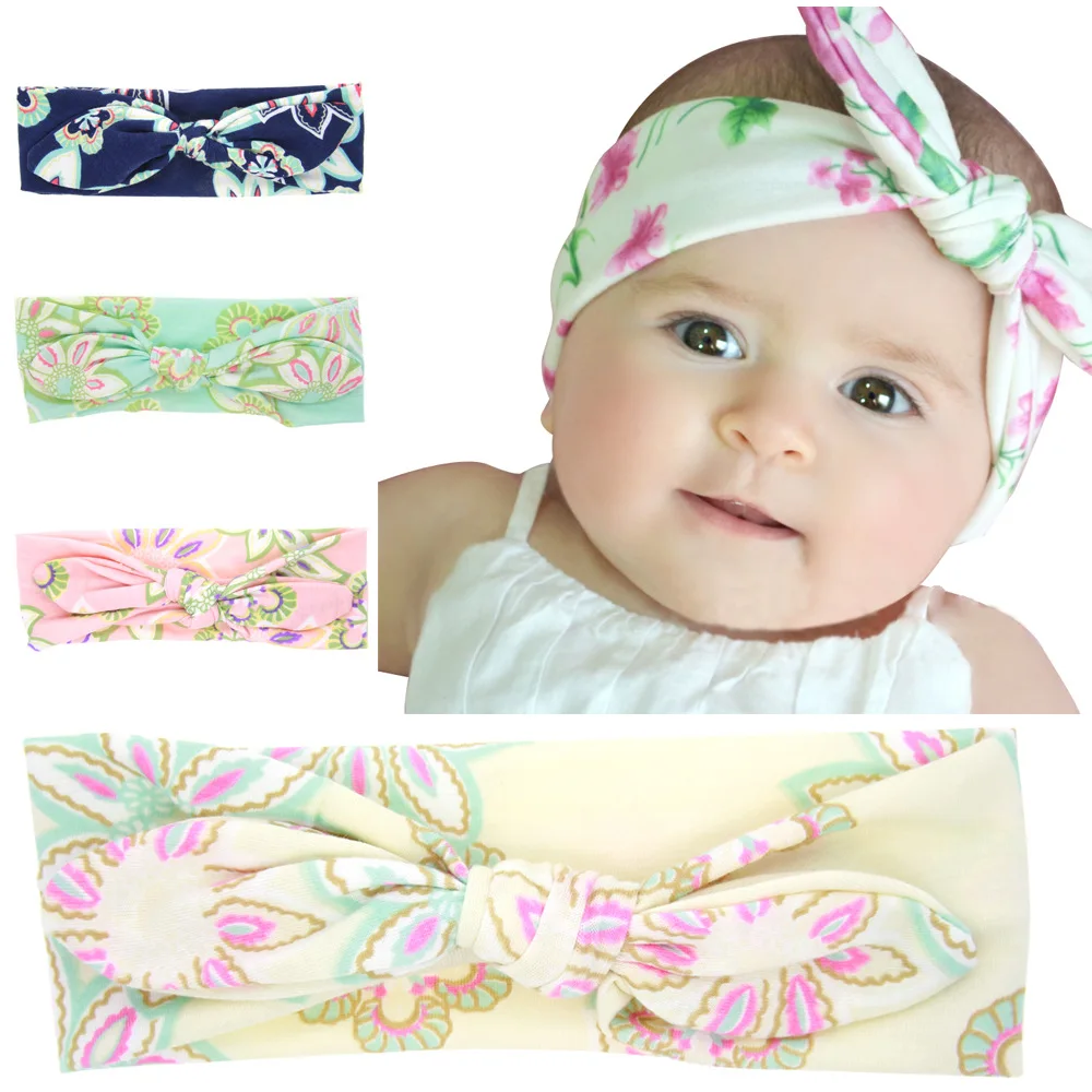 Printed rabbit ears headband Baby knotted hairband headwear flowers cute infant kids head