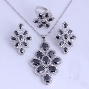 

Love Monologue Luxury Black Imitation Onyx Rhombus Silver Color Jewelry Sets for Party Ring Size 6 7 8 Free Jewelry Bag H0295