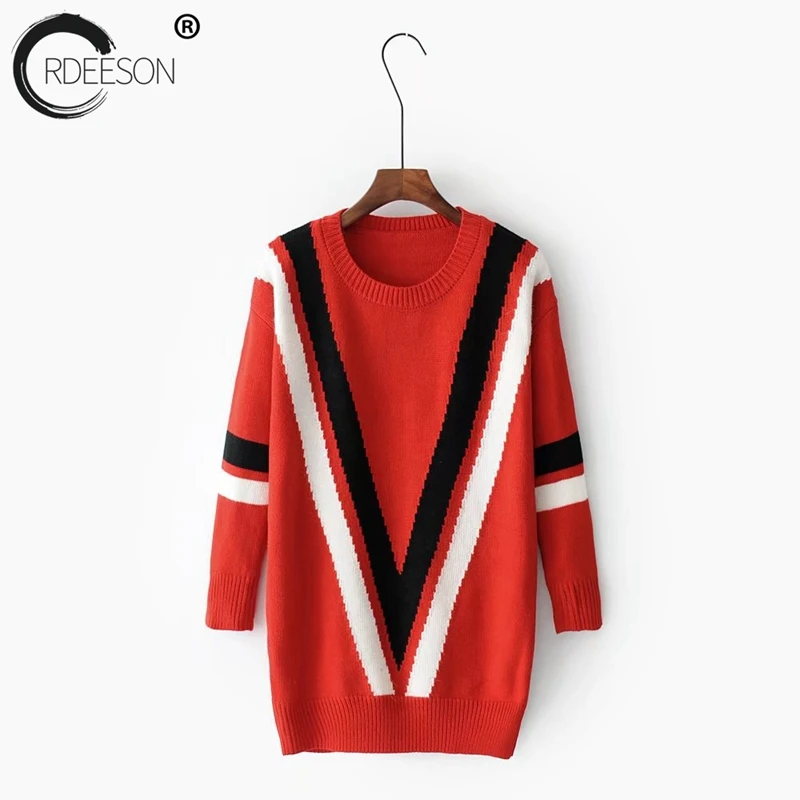 ORDEESON Winter Fall 2017 Double V Stripe Ugly Christmas Sweater Women Sweaters and Pullovers Red Hit Color Printing Jumper | Женская
