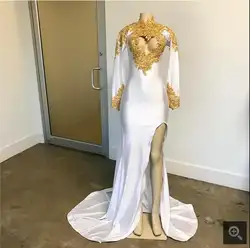 Реальное изображение Золото Кружева русалка платье выпускного вечера 2017 спандекс длинный рукав с глубокие боковые разрезы сексуальные